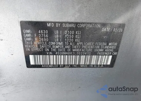 2020 Subaru Legacy из США, поврежденный, VIN 4S3BWAB62L3023412